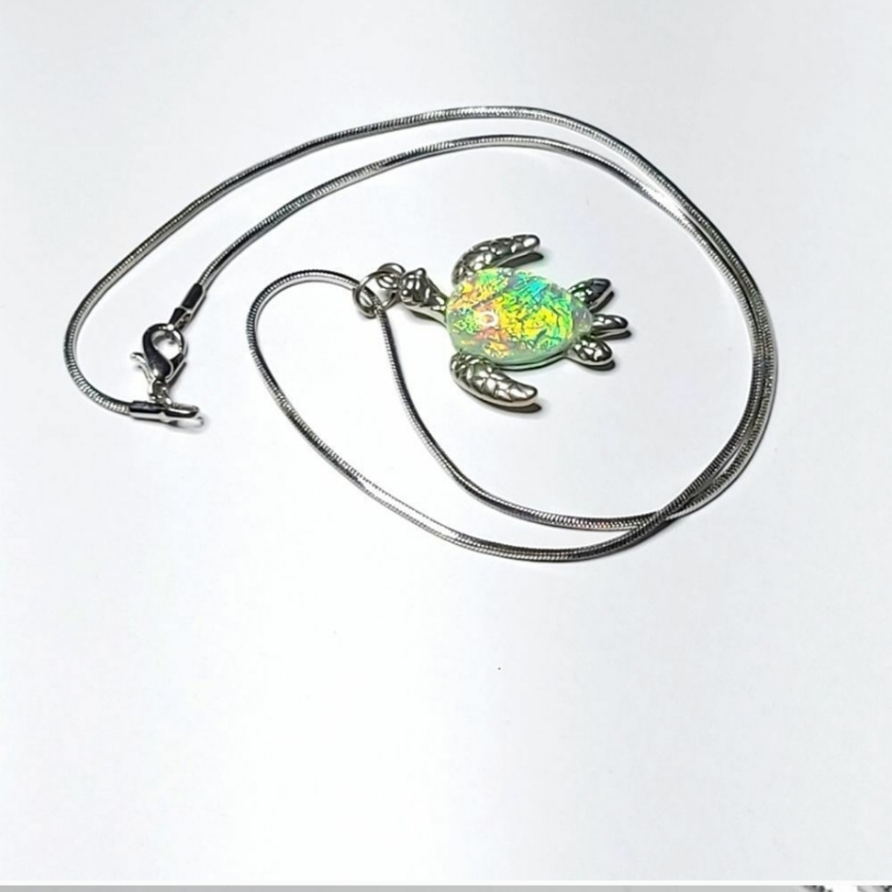 Vtg Sterling & Fire Opal Hawaiian Sea Turtle Necklace Stamped 925 Silver+w/chain